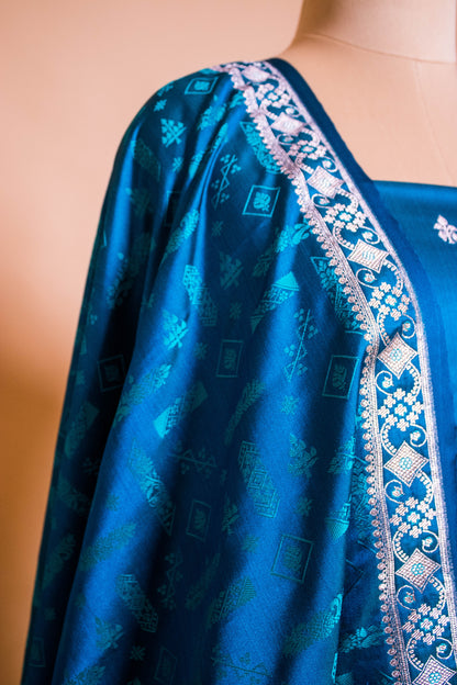 Elegant Banarasi Weaved Suit Fabric With Tanchui Weaving Dupatta-Blue