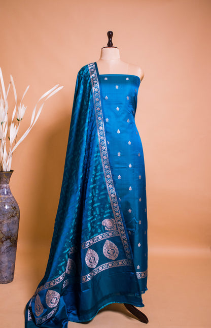 Elegant Banarasi Weaved Suit Fabric With Tanchui Weaving Dupatta-Blue