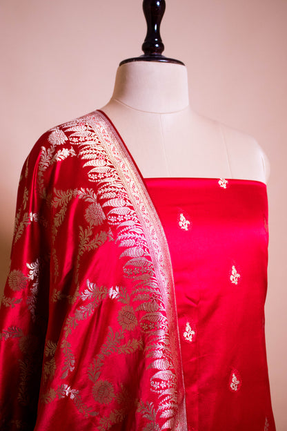 Banarasi Butrti Weaved Suit Fabric With Jaal Dupatta-Red