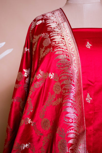 Banarasi Butrti Weaved Suit Fabric With Jaal Dupatta-Red