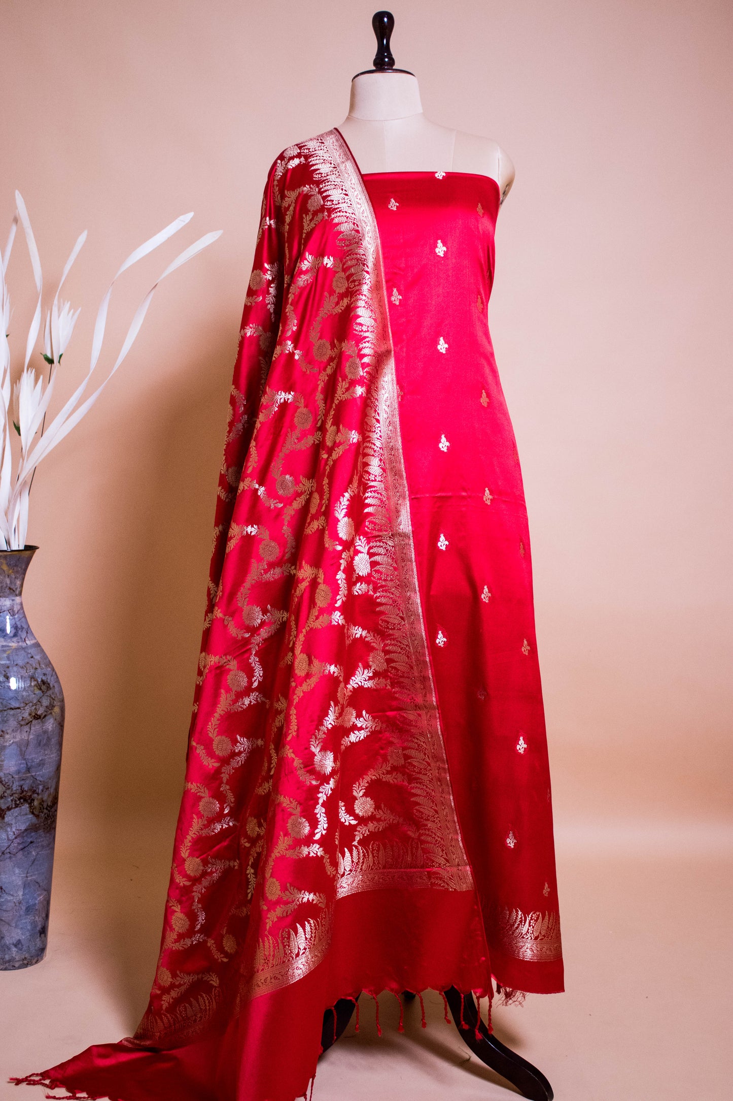 Banarasi Butrti Weaved Suit Fabric With Jaal Dupatta-Red