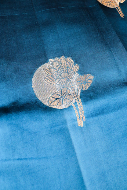 Contemporary Weaving Beautifull Double Border Hand Motif In Pure Silk-Blue