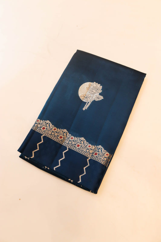 Contemporary Weaving Beautifull Double Border Hand Motif In Pure Silk-Blue