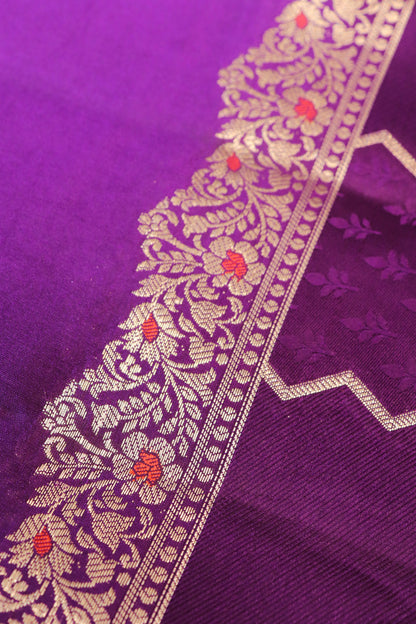 Contemporary Weaving Beautifull Double Border Hand Motif In Pure Silk Purple