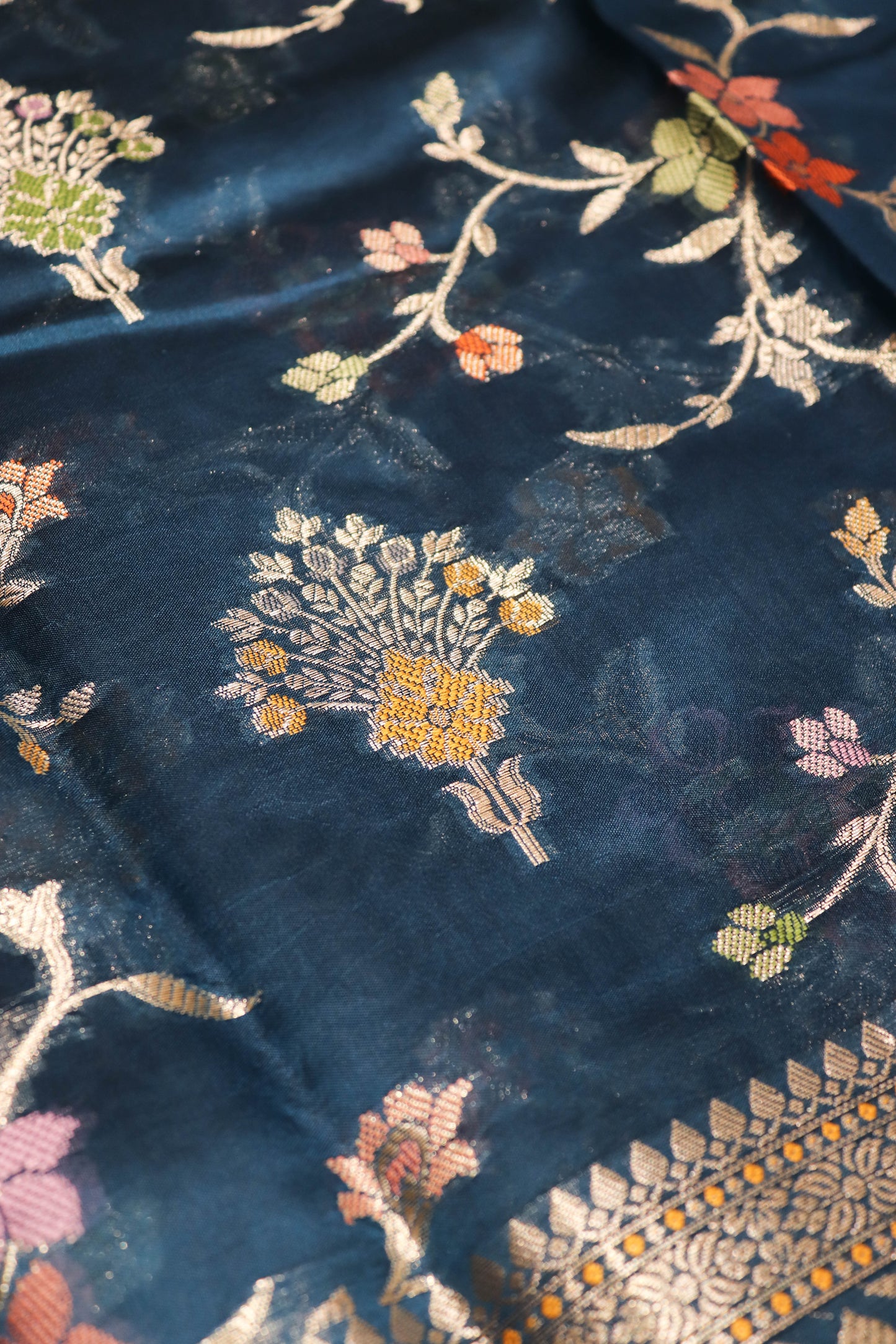 Meenakari Banarsi Jaal In Pure Dupion Silk-Blue