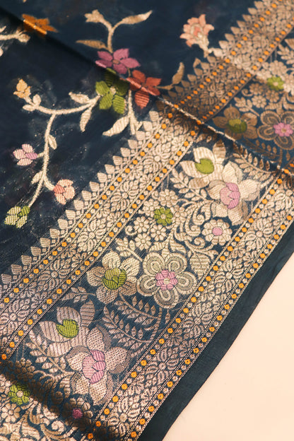 Meenakari Banarsi Jaal In Pure Dupion Silk-Blue