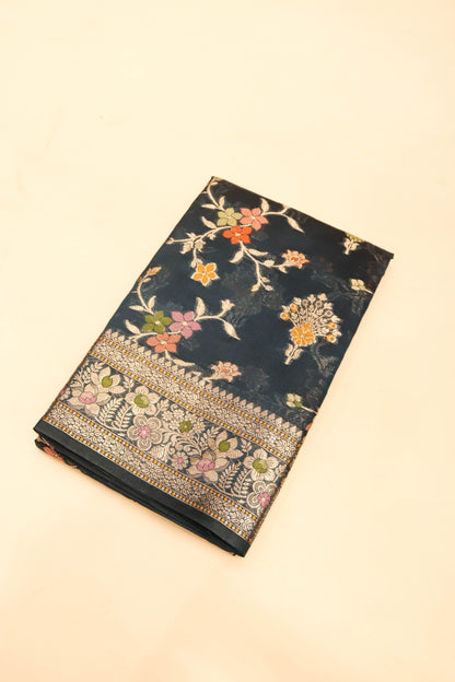 Meenakari Banarsi Jaal In Pure Dupion Silk-Blue