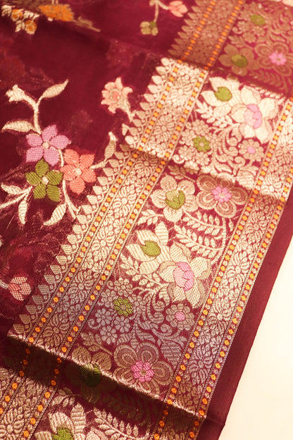 Meenakari Banarsi Jaal In Pure Dupion Silk-Wine