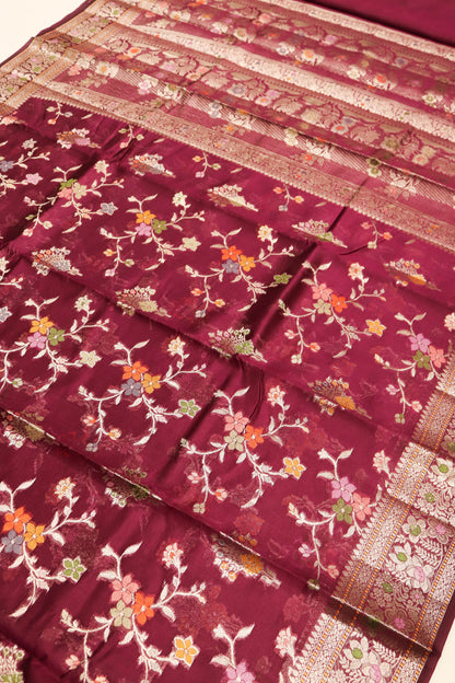 Meenakari Banarsi Jaal In Pure Dupion Silk-Wine