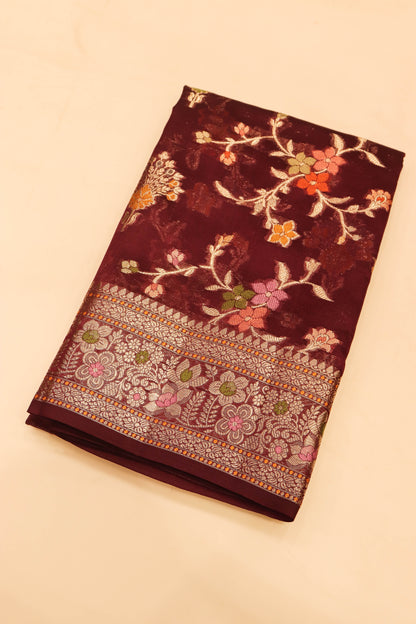 Meenakari Banarsi Jaal In Pure Dupion Silk-Wine
