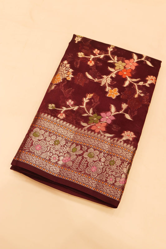 Meenakari Banarsi Jaal In Pure Dupion Silk-Wine