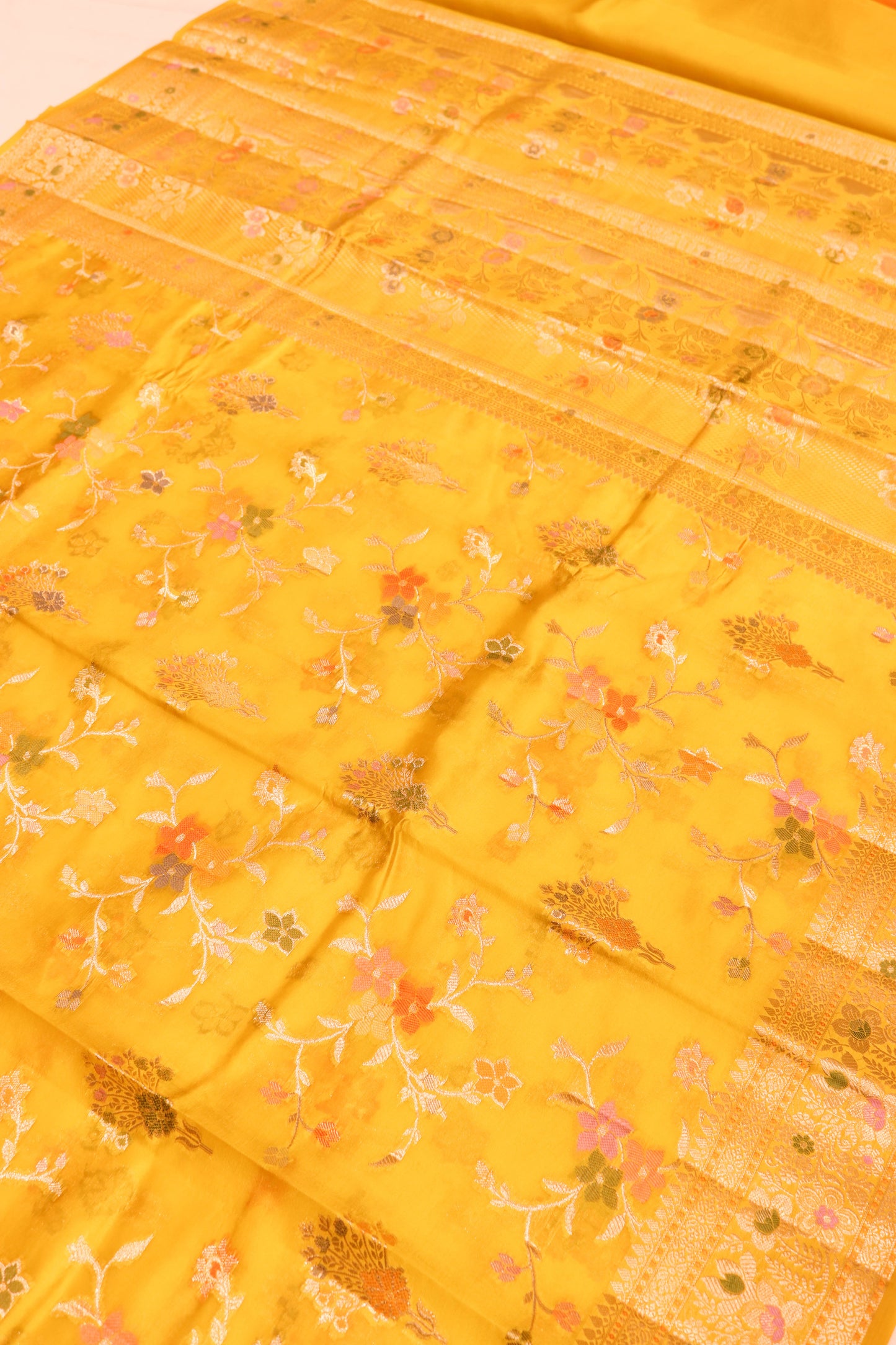 Meenakari Banarsi Jaal In Pure Dupion Silk-Yellow