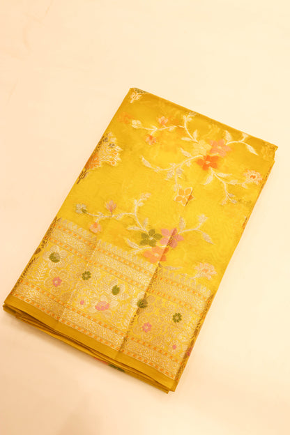 Meenakari Banarsi Jaal In Pure Dupion Silk-Yellow