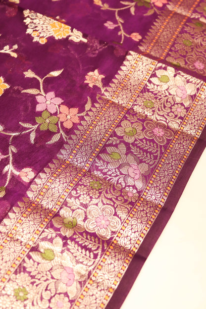 Meenakari Banarsi Jaal In Pure Dupion Silk-Purple