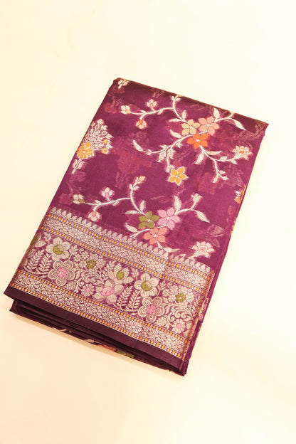 Meenakari Banarsi Jaal In Pure Dupion Silk-Purple