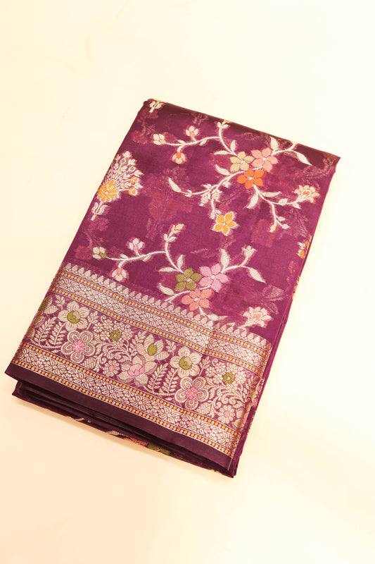 Meenakari Banarsi Jaal In Pure Dupion Silk-Purple