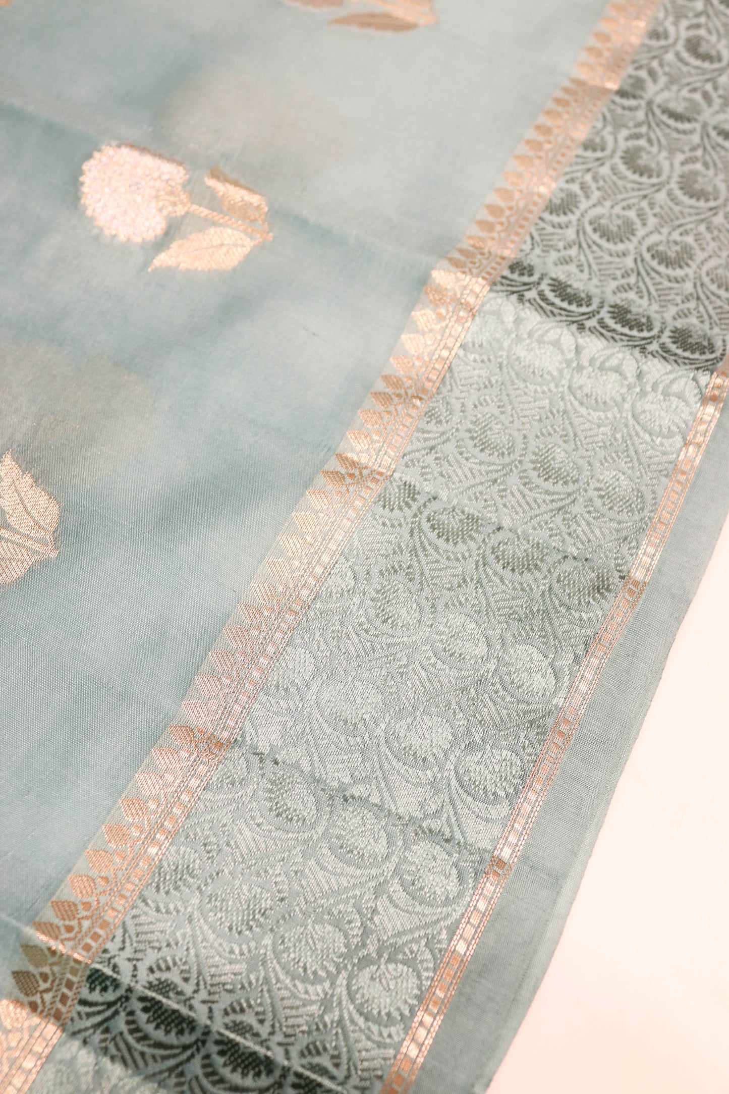 Resham Weaving Border And Silver And Gold Zari Motif In Pure Dupion Silk Grey