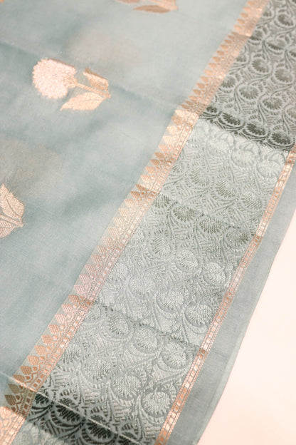 Resham Weaving Border And Silver And Gold Zari Motif In Pure Dupion Silk Grey