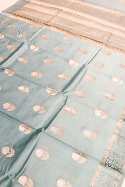 Resham Weaving Border And Silver And Gold Zari Motif In Pure Dupion Silk Grey