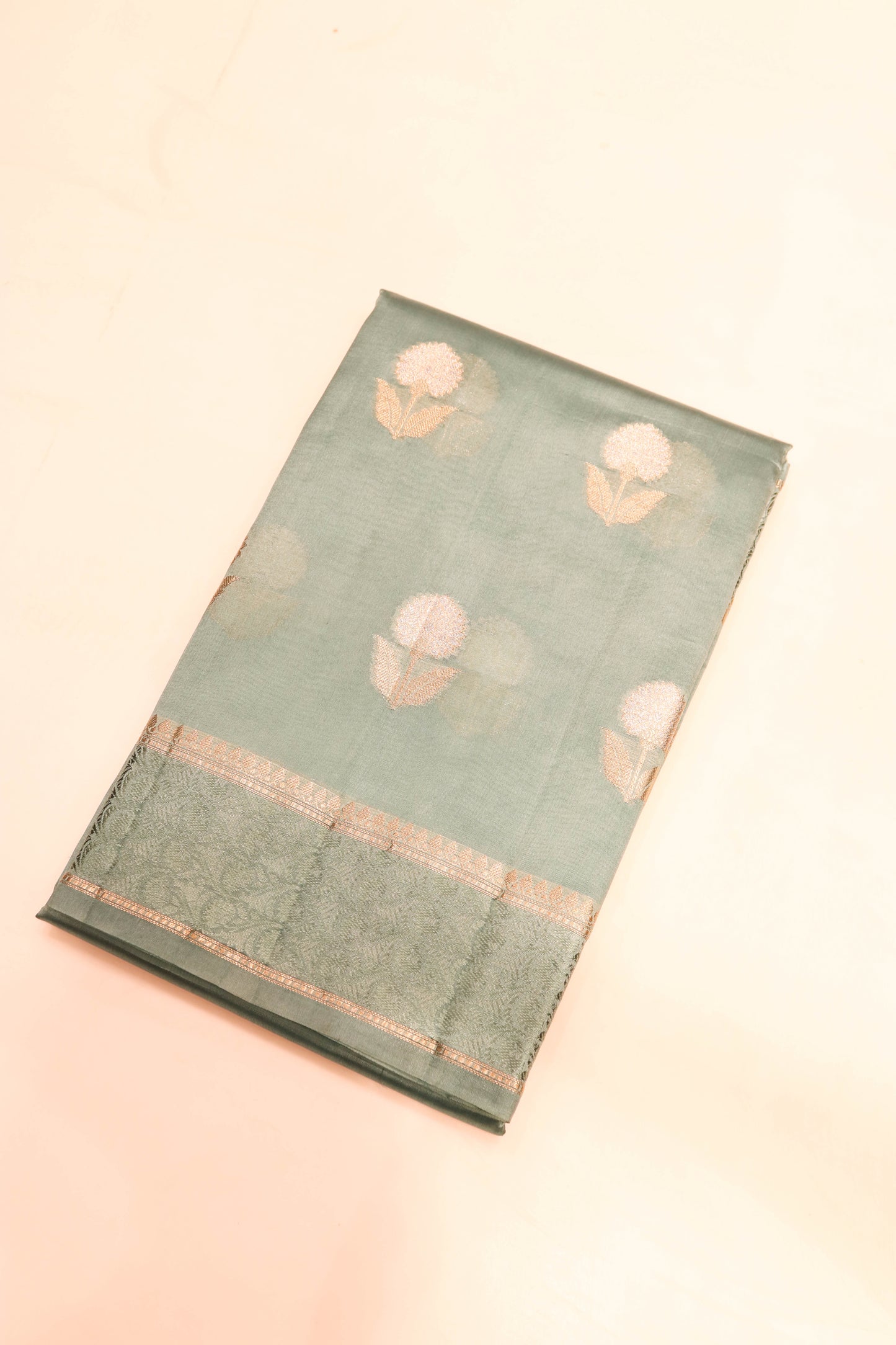 Resham Weaving Border And Silver And Gold Zari Motif In Pure Dupion Silk Grey