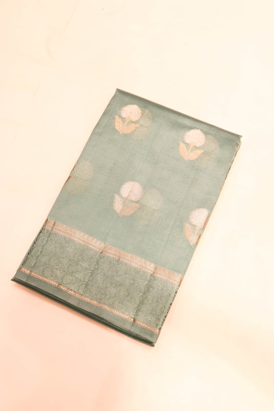 Resham Weaving Border And Silver And Gold Zari Motif In Pure Dupion Silk Grey