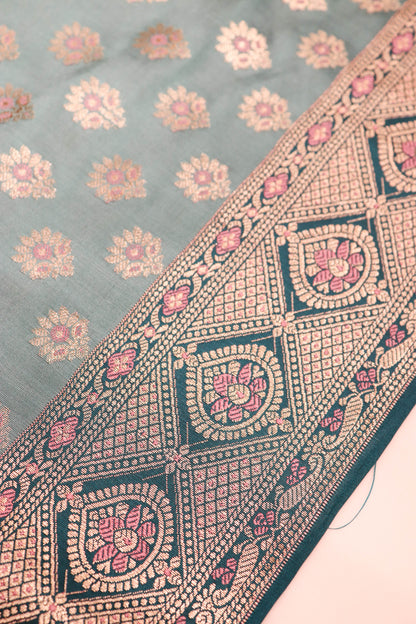 Banarasi Suite With Contrast Dupatta , Daman And Bottom-Blue