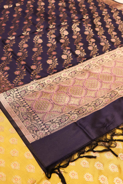 Banarasi Suite With Contrast Dupatta , Daman And Bottom-Yellow