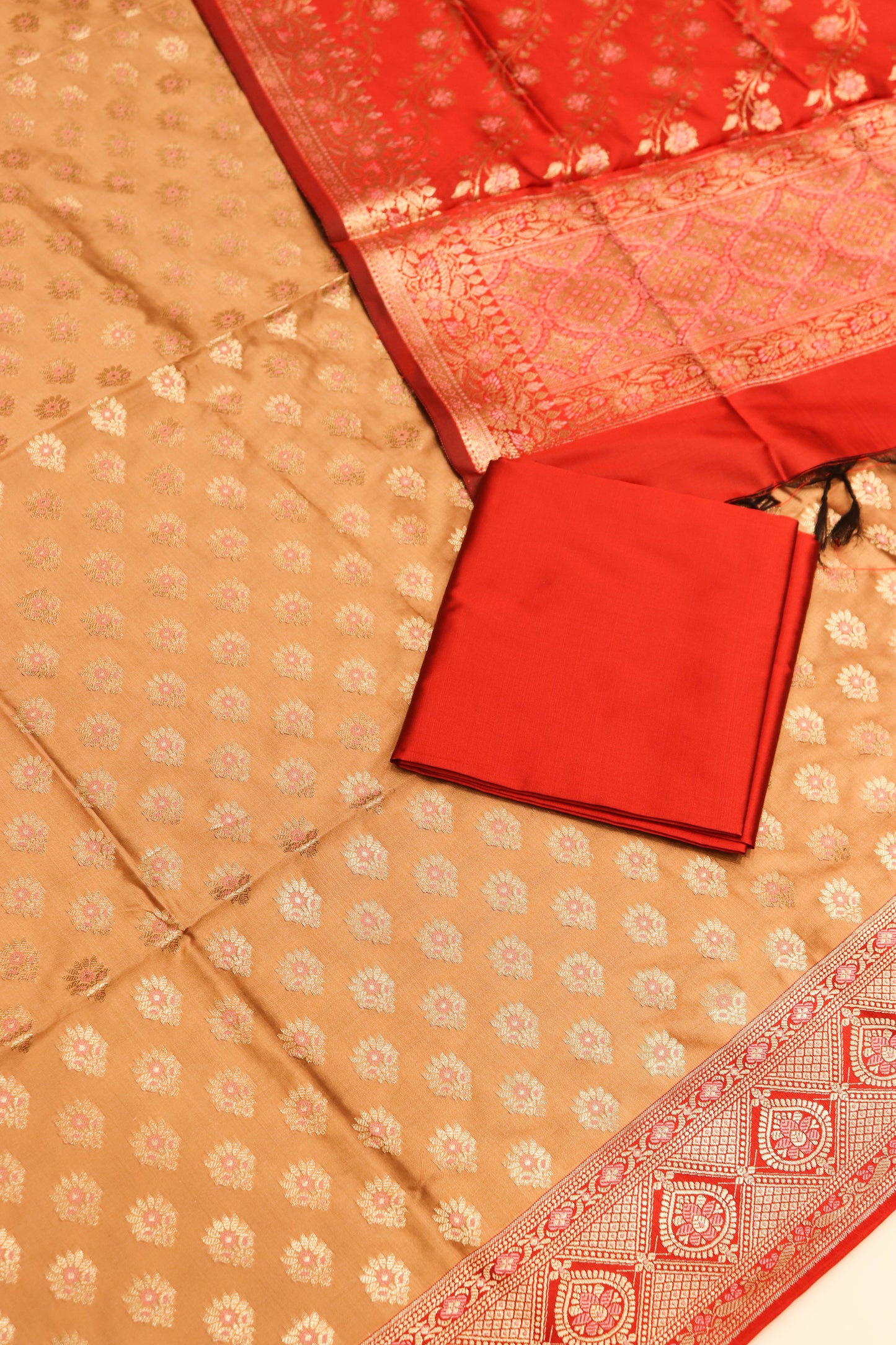 Banarasi Suite With Contrast Dupatta , Daman And Bottom-Cheeku Color