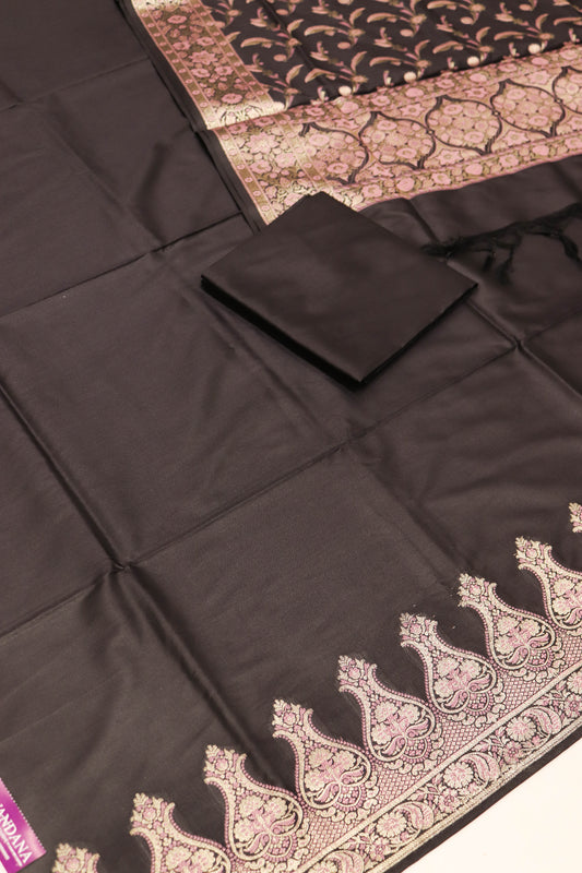 Plain Silk Suite With Weaving Daaman And Jaal Dupatta-Black