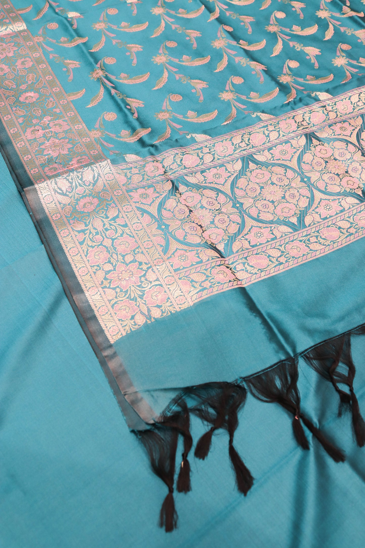 Plain Silk Suite With Weaving Daaman And Jaal Dupatta-Blue
