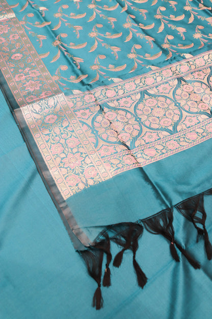 Plain Silk Suite With Weaving Daaman And Jaal Dupatta-Blue