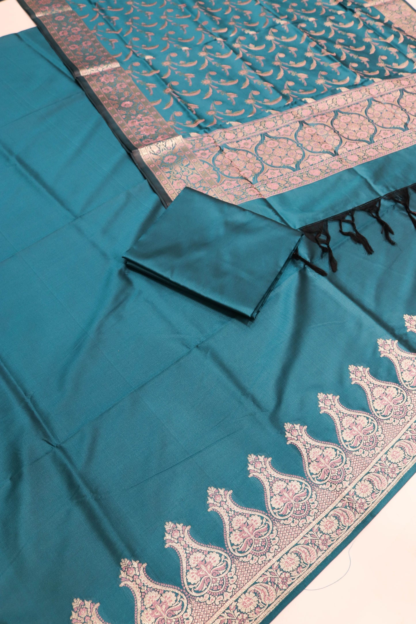 Plain Silk Suite With Weaving Daaman And Jaal Dupatta-Blue