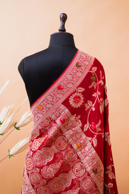 Meenakari Khaddi In Banarasi Chinon Fabric-Red