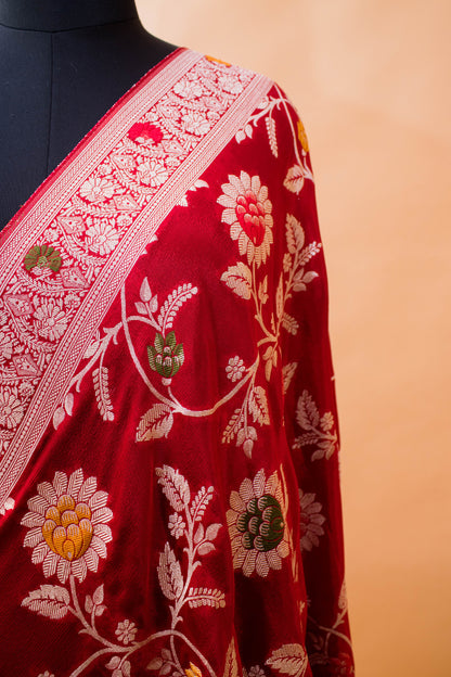 Meenakari Khaddi In Banarasi Chinon Fabric-Red