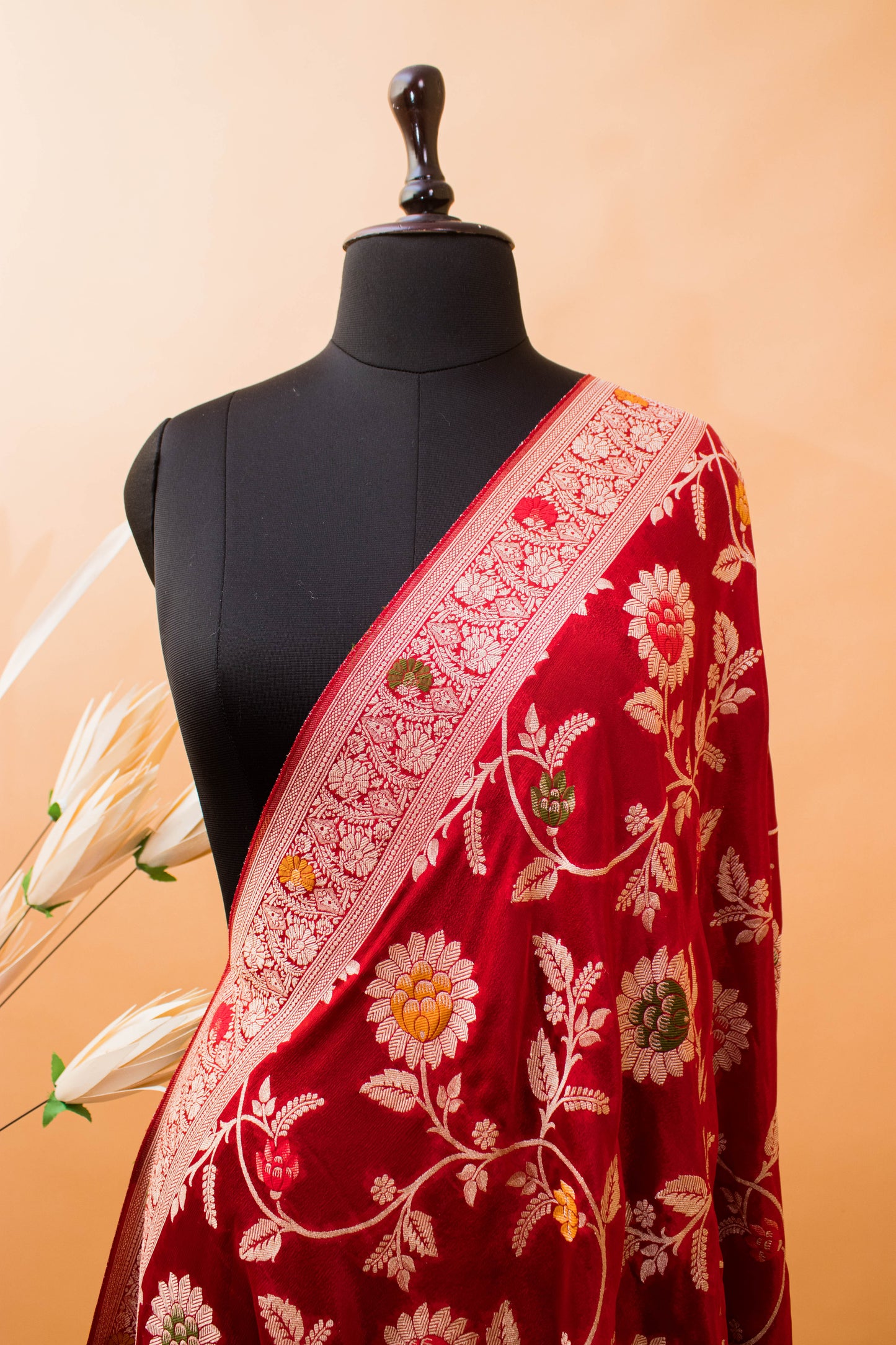 Meenakari Khaddi In Banarasi Chinon Fabric-Red