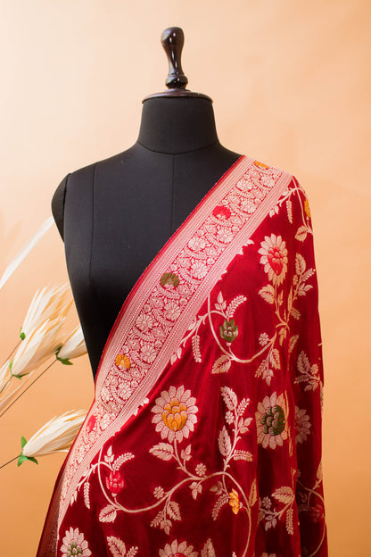 Meenakari Khaddi In Banarasi Chinon Fabric-Red