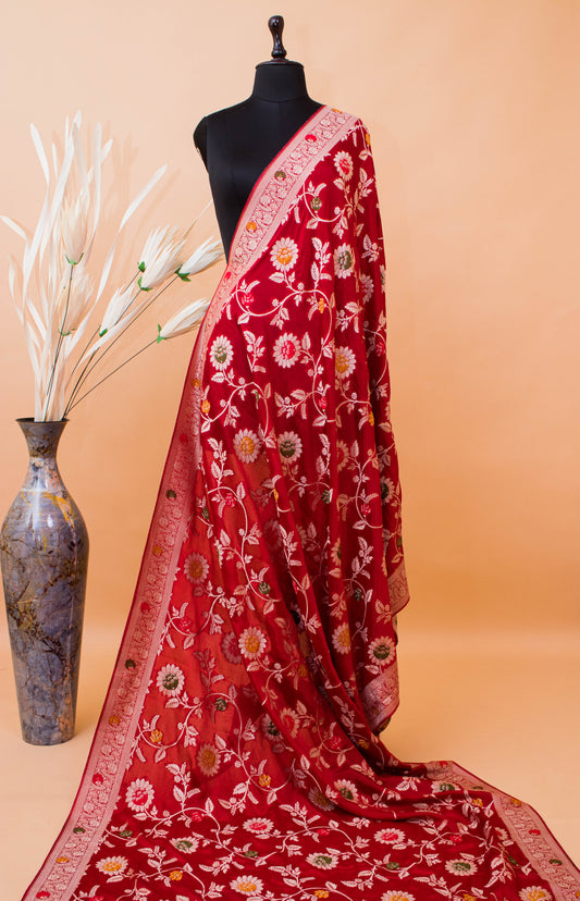 Meenakari Khaddi In Banarasi Chinon Fabric-Red