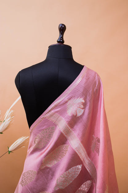 Thin Border Beautifull Flower Motif All Over In Pure Banarasi Silk Pink