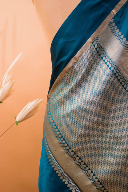 Contemporary Meenakari Motif In Pure Silk Blue