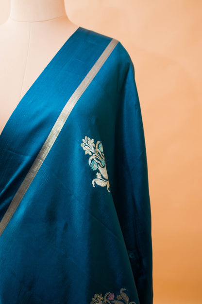 Contemporary Meenakari Motif In Pure Silk Blue