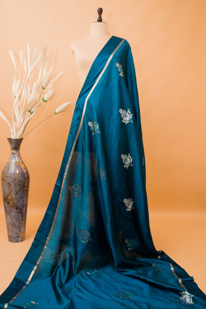 Contemporary Meenakari Motif In Pure Silk Blue