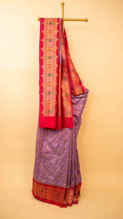 Contrast Meenakari Border And Butti Weaving In Banarasi Silk-Purple