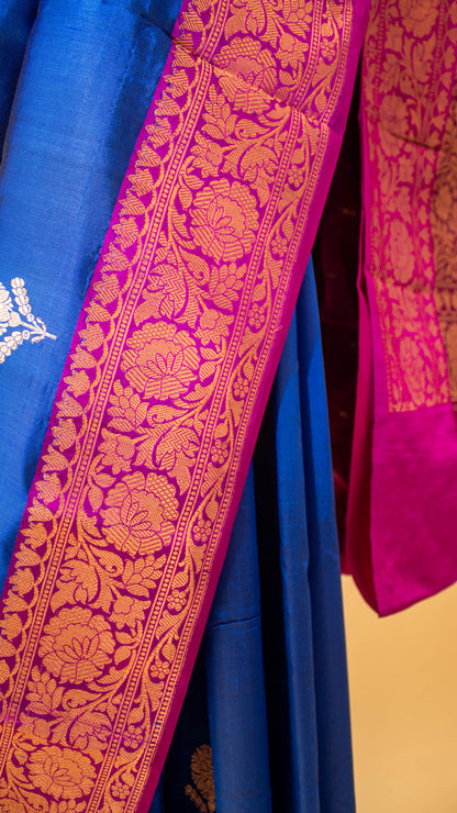 Handloom Banarasi Contrast Border And Butti Design-Blue