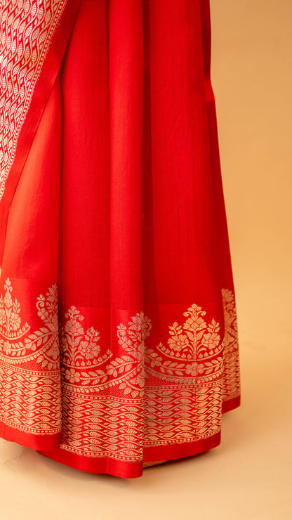 Handloom Banarasi Scalping Double Border Weaving In Pure Mashru Silk-Red