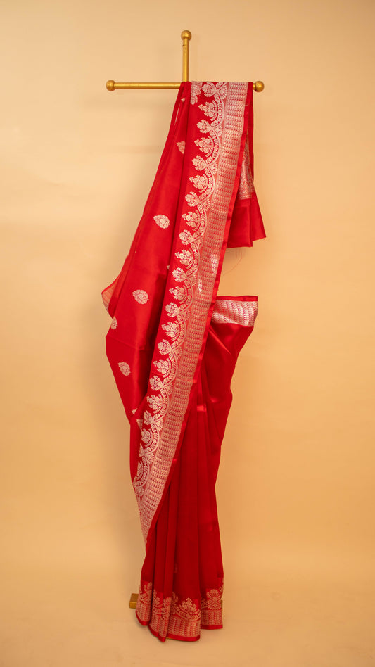 Handloom Banarasi Scalping Double Border Weaving In Pure Mashru Silk-Red
