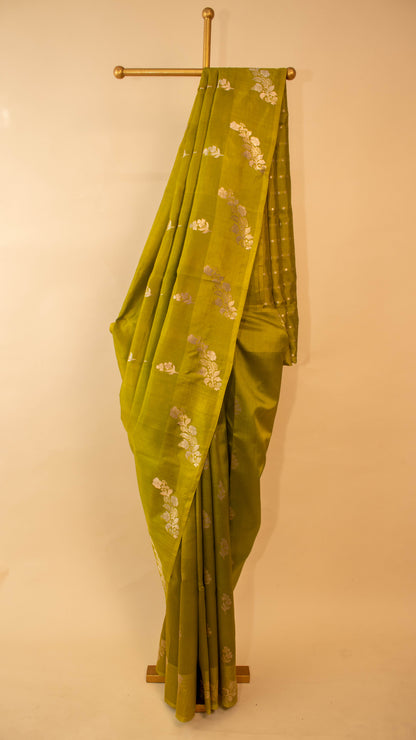 Contemporary Border Weaving In Pure Mashru Silk-Green