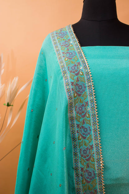 Meenakari Banarasi Weaving Suite Fabric In Georgette Tissue Fabric-Blue