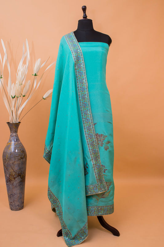 Meenakari Banarasi Weaving Suite Fabric In Georgette Tissue Fabric-Blue