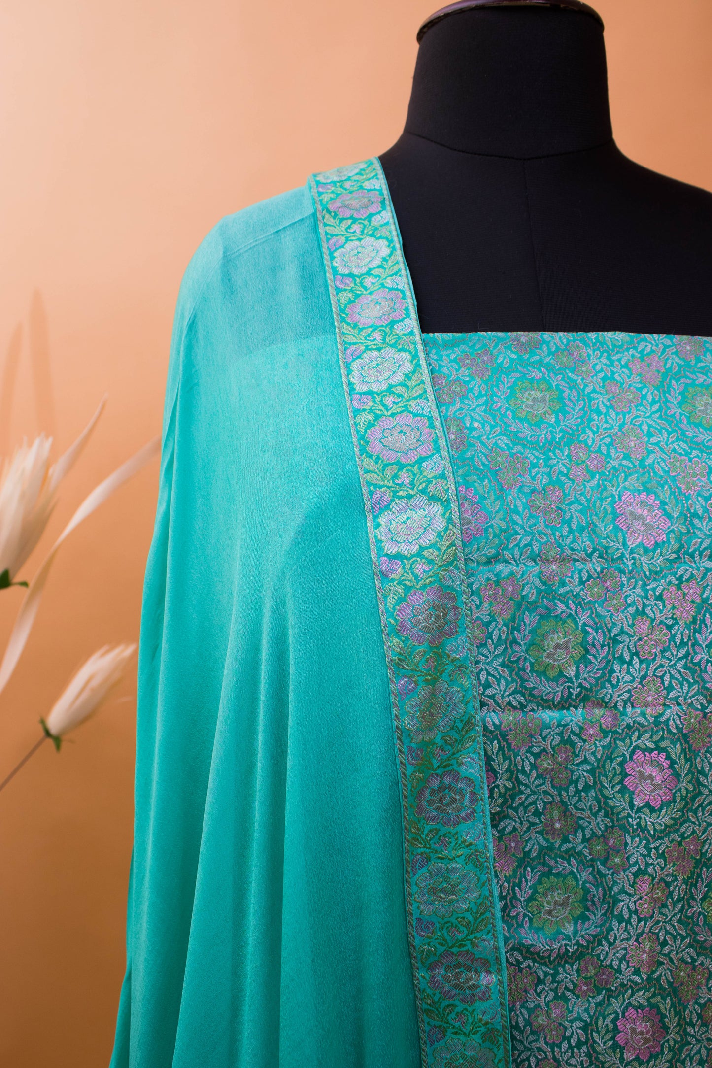 Meenakari Banarasi Tanchui Weaved Suite Fabric With Georgette Dupatta-Blue