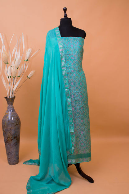 Meenakari Banarasi Tanchui Weaved Suite Fabric With Georgette Dupatta-Blue